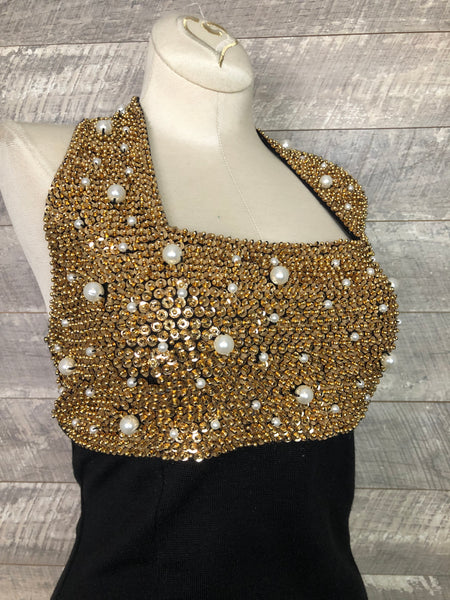 90s gold and pearl halter dress