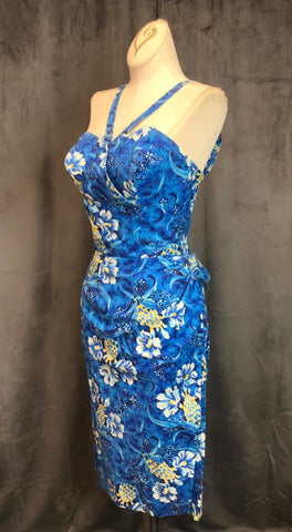 50s Blue Pineapple Hibiscus Sarong Dress