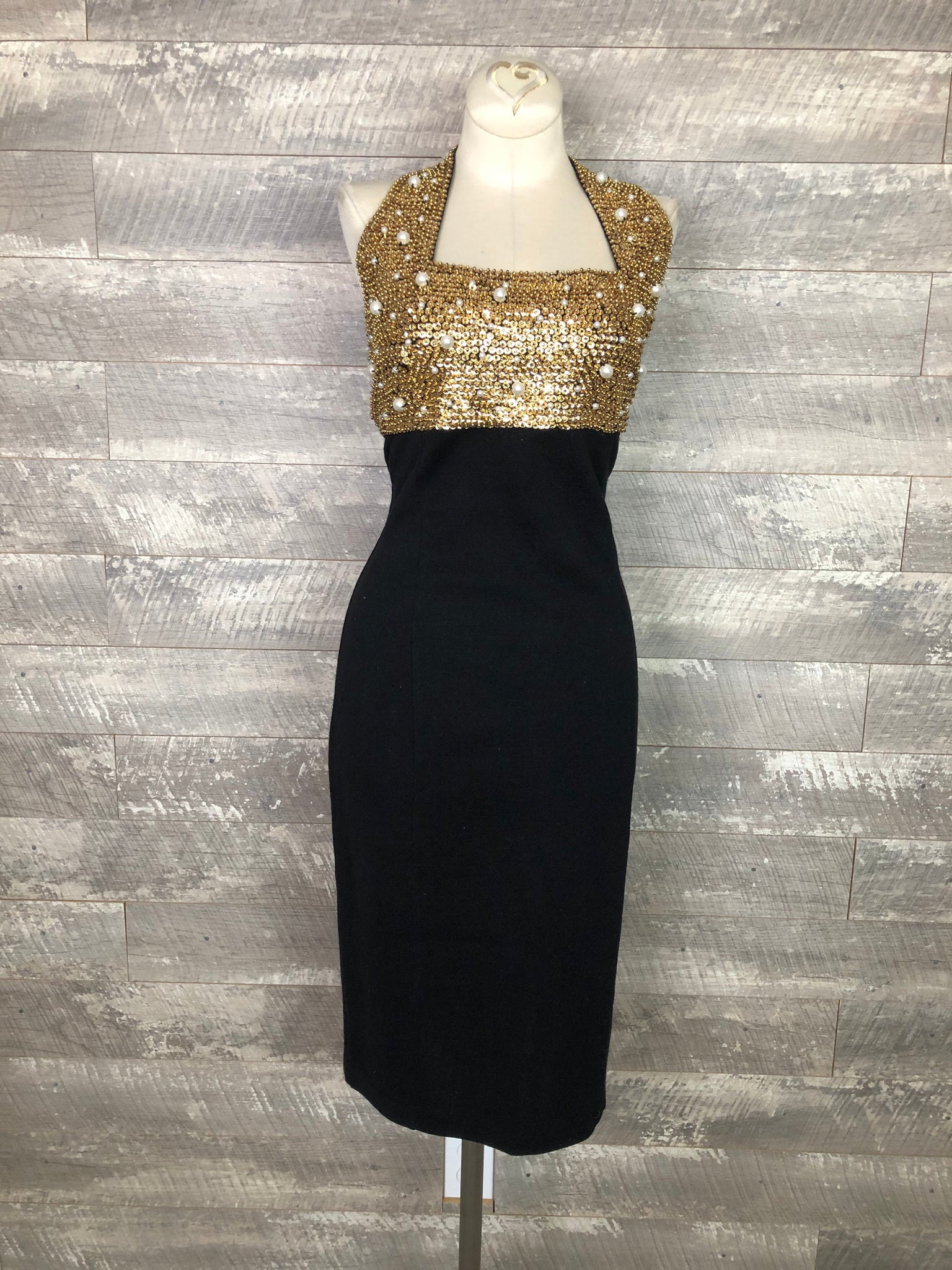 90s gold and pearl halter dress