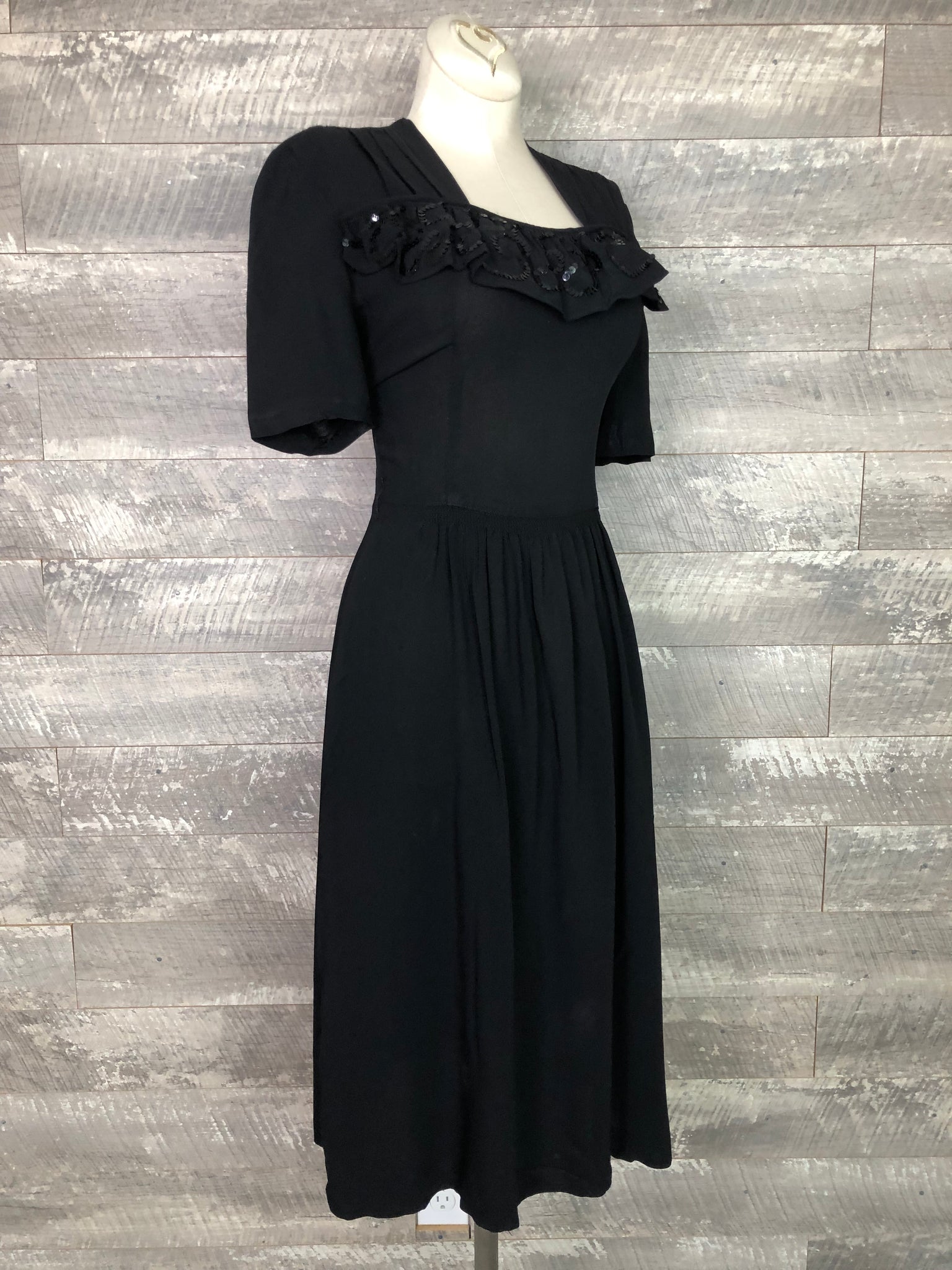 40s black ruffle sequin dress