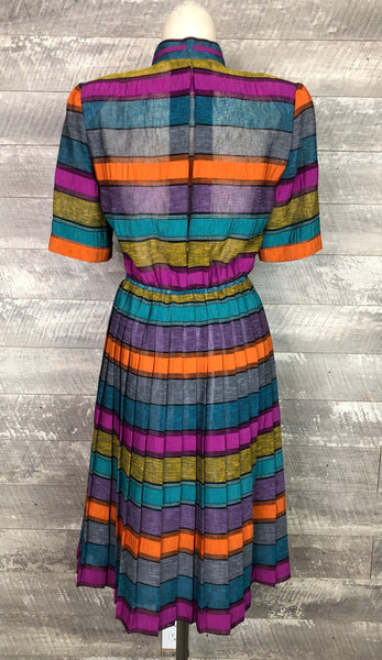 80s colorful rainbow stripe pleated dress