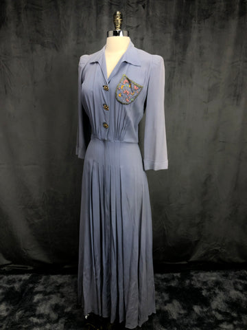 40s Periwinkle Blue Adorned Pocket Dress