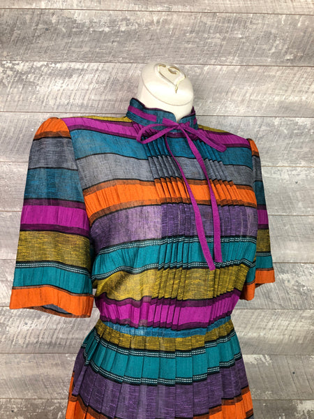 80s colorful rainbow stripe pleated dress