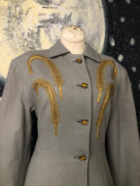 Vintage 40s dove grey gold embellished wool coat