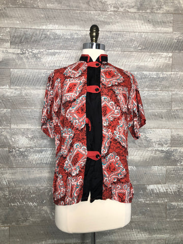 40s red rayon printed blouse